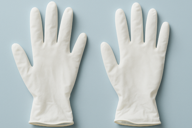 create pair of white latex gloves on a light blue solid background
