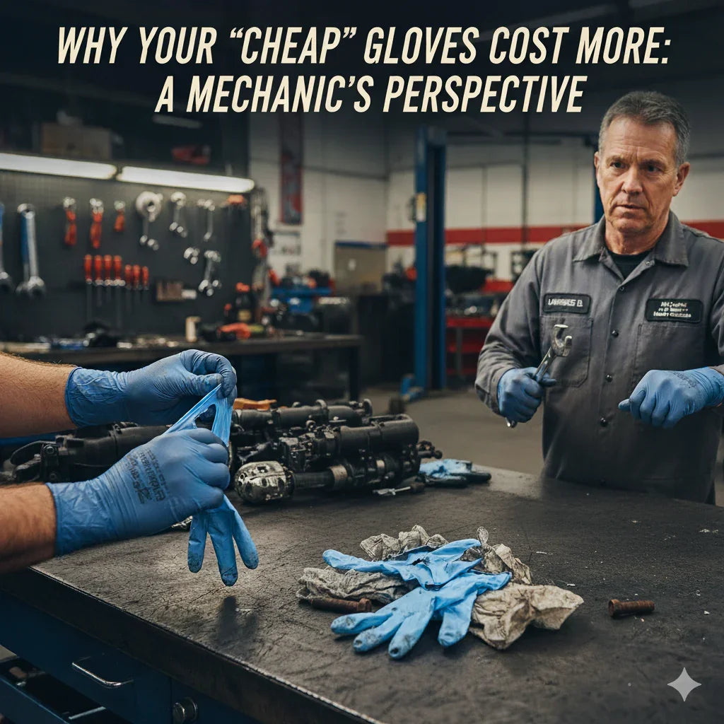 Mechanic shop with workers wearing blue disposable gloves, tools and used gloves on table
