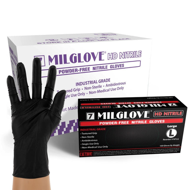 N7SM-CS, N7MD-CS, N7LG-CS, N7XL-CS, DTN7-CS, DTN7M-CS, DTN7L-CS, DTN7XL-CS, 7 MilGlove HD Powder Free Black Nitrile Gloves, Case - UNISAFE GLOVES