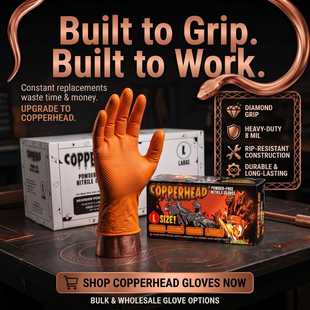 Copperhead 8 Mil Heavy-Duty Powder Free Industrial Grade Orange Nitrile Gloves w/Diamond Texture