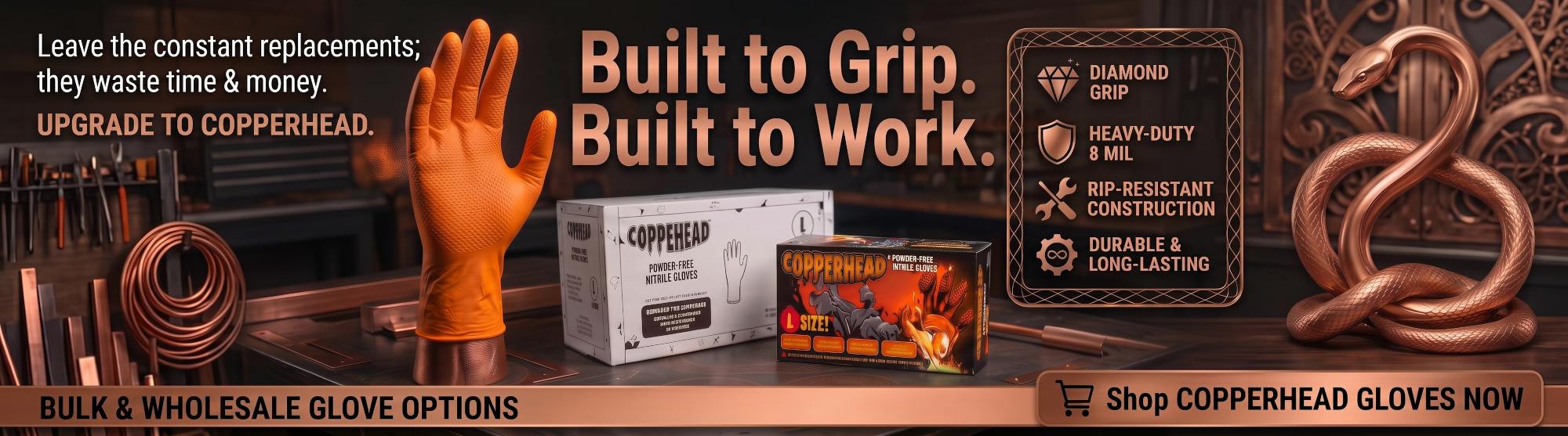 Copperhead 8 Mil Heavy-Duty Powder Free Industrial Grade Orange Nitrile Gloves w/Diamond Texture