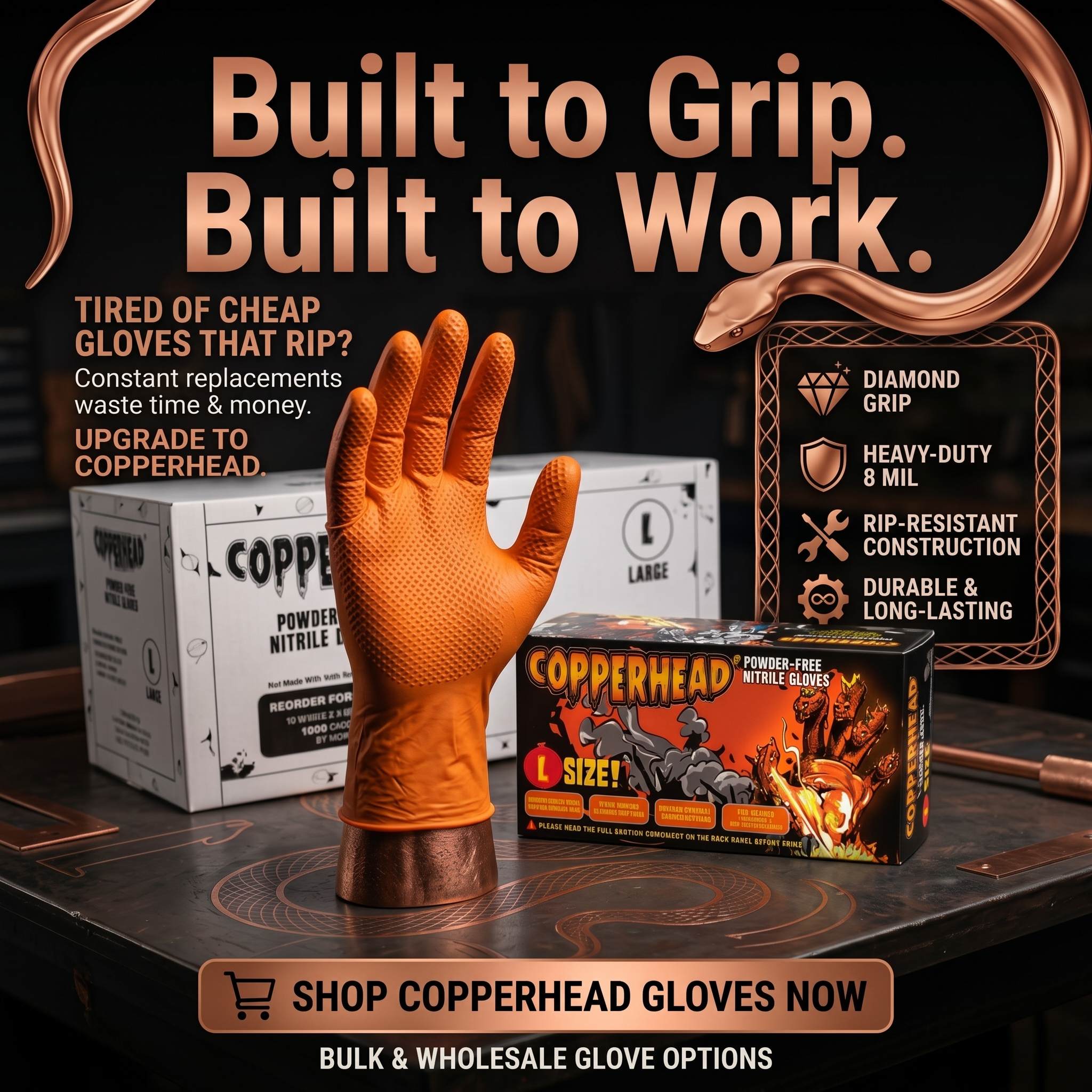Copperhead 8 Mil Heavy-Duty Powder Free Industrial Grade Orange Nitrile Gloves w/Diamond Texture