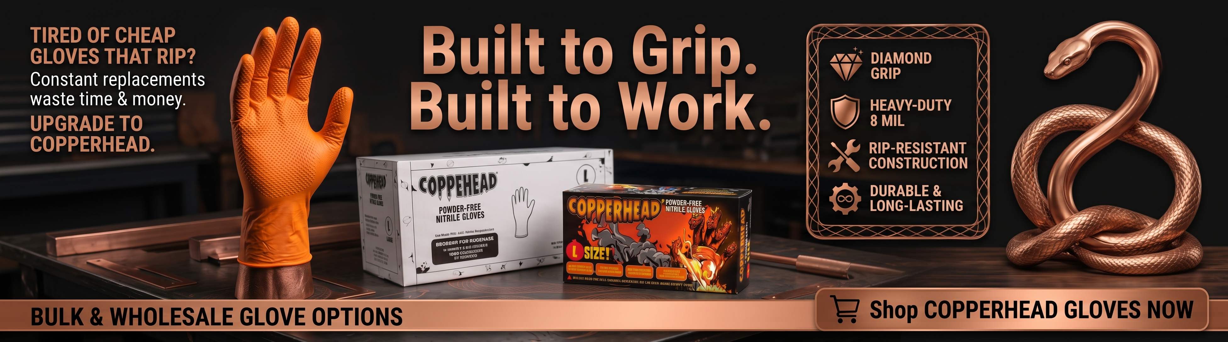 Copperhead 8 Mil Heavy-Duty Powder Free Industrial Grade Orange Nitrile Gloves w/Diamond Texture