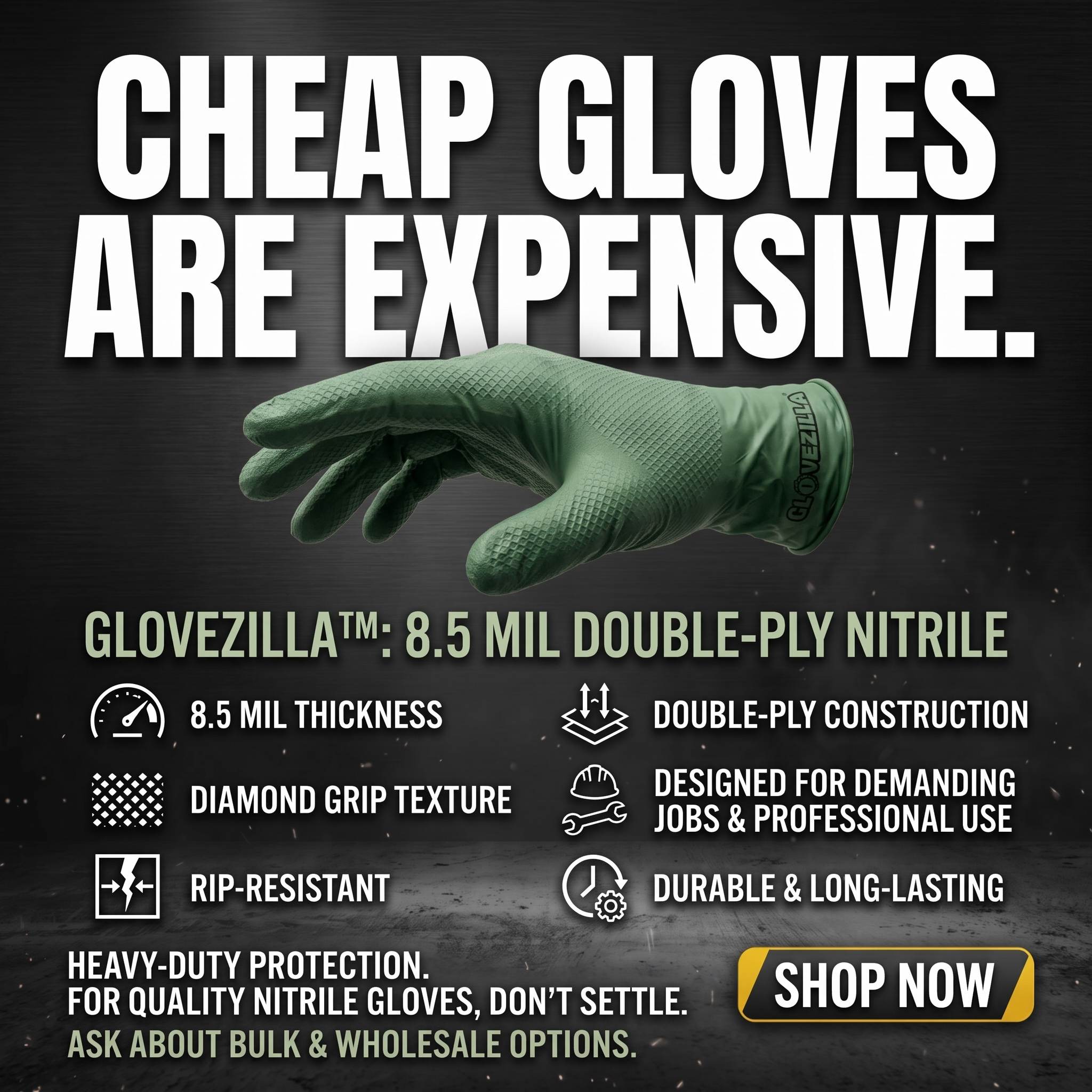 Glovezilla 8.5 Mil Dual-Layer Heavy-Duty Nitrile Gloves w/ Raised Diamond Texture