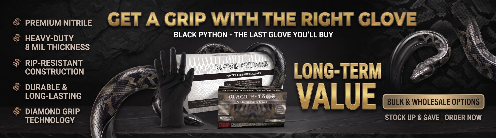 Black Python 8 Mil Heavy-Duty Powder Free Industrial Grade Nitrile Gloves w/Diamond Texture
