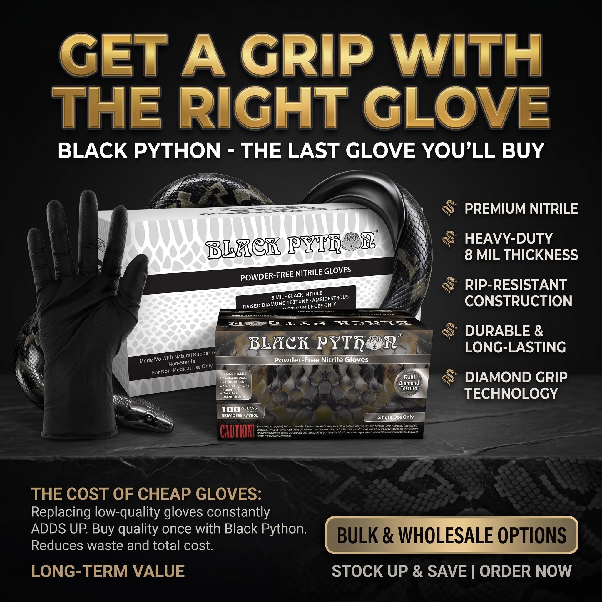 Black Python 8 Mil Heavy-Duty Powder Free Industrial Grade Nitrile Gloves w/Diamond Texture