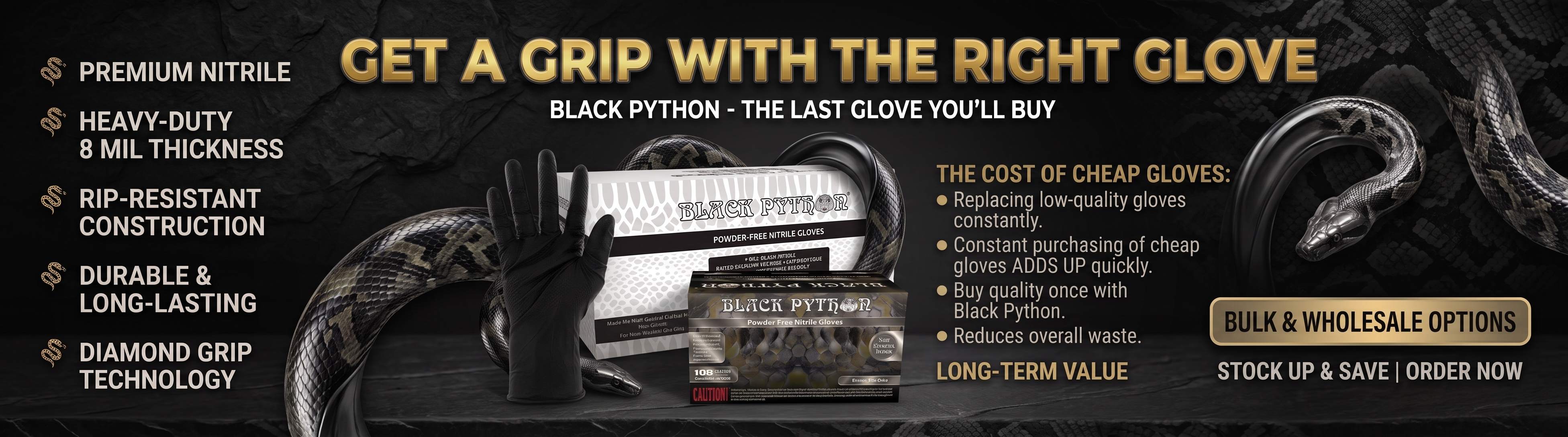 Black Python grip glove shown in a promotional banner with text highlighting features like premium nitrile, heavy-duty construction, and rip-resistant construction. The black glove is centered over a dark background with a white and black Python logo.