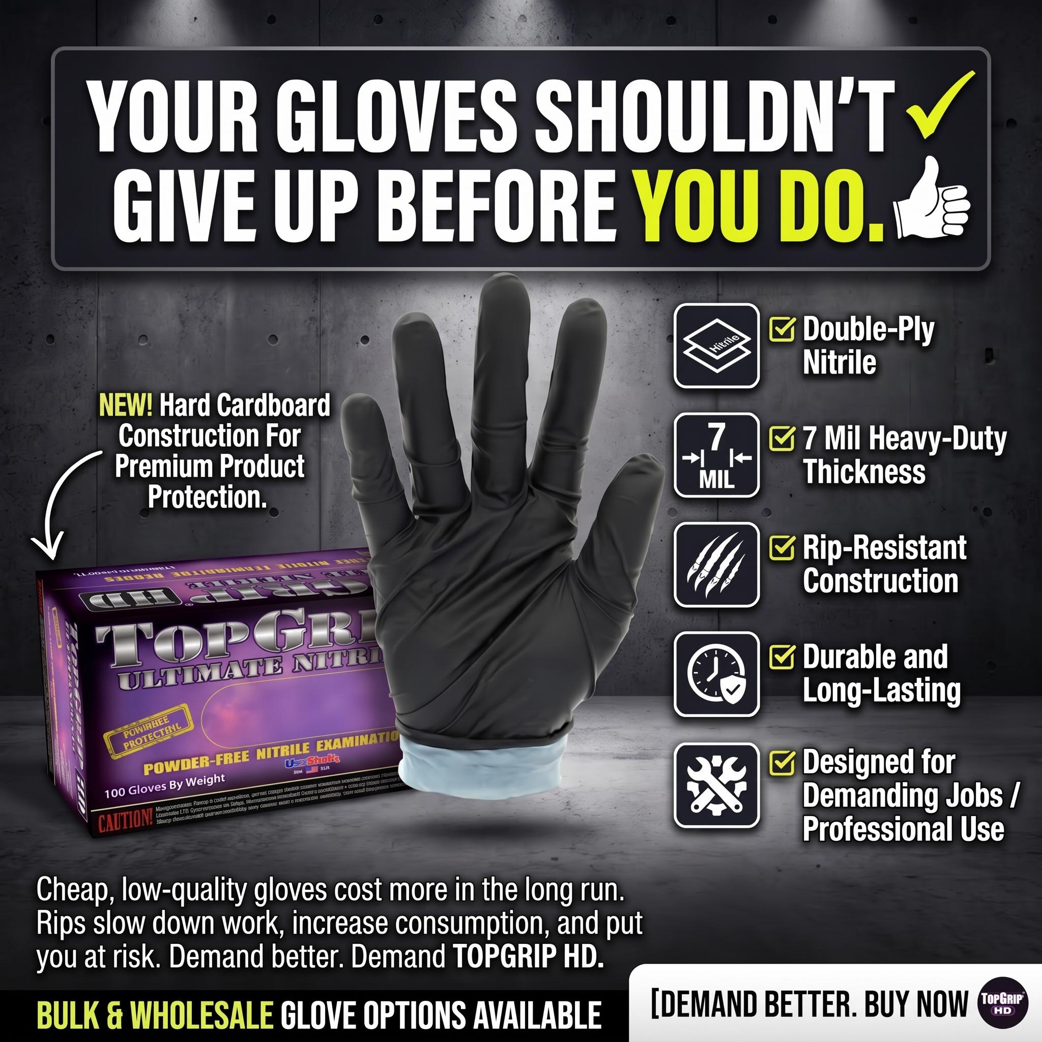 TopGrip HD 7 Mil Powder Free Dual-Layer Nitrile Exam Gloves