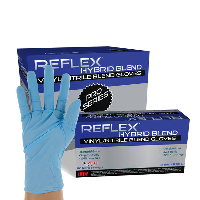 VB-RF500S-CS, VB-RF500M-CS, VB-RF500L-CS, VB-RF500XL-CS, Reflex Powder Free Hybrid Vinyl/Nitrile Blend Gloves, Case - UNISAFE GLOVES