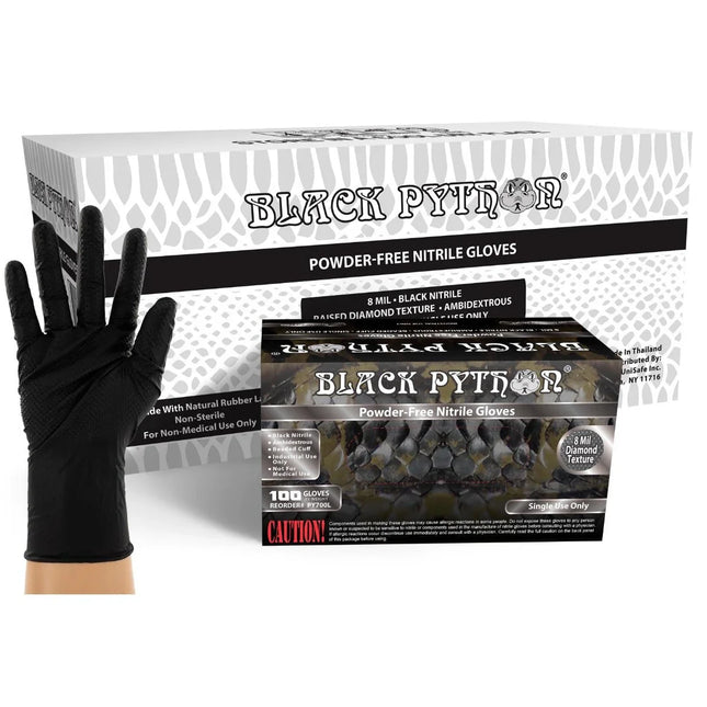 PY700S-CS, PY700M-CS, PY700L-CS, PY700XL-CS PY700XXL-CS, Black Python 8 Mil Heavy-Duty Powder Free Industrial Grade Nitrile Gloves w/Diamond Texture, Case - UNISAFE GLOVES