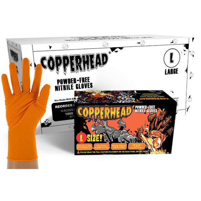 CH500S-Pallet, CH500M-Pallet, CH500L-Pallet, CH500XL-Pallet, CH500XXL-Pallet, Pallet (96 Cases) of Copperhead 8 Mil Heavy-Duty Powder Free Industrial Grade Orange Nitrile Gloves w/Diamond Texture - UNISAFE GLOVES
