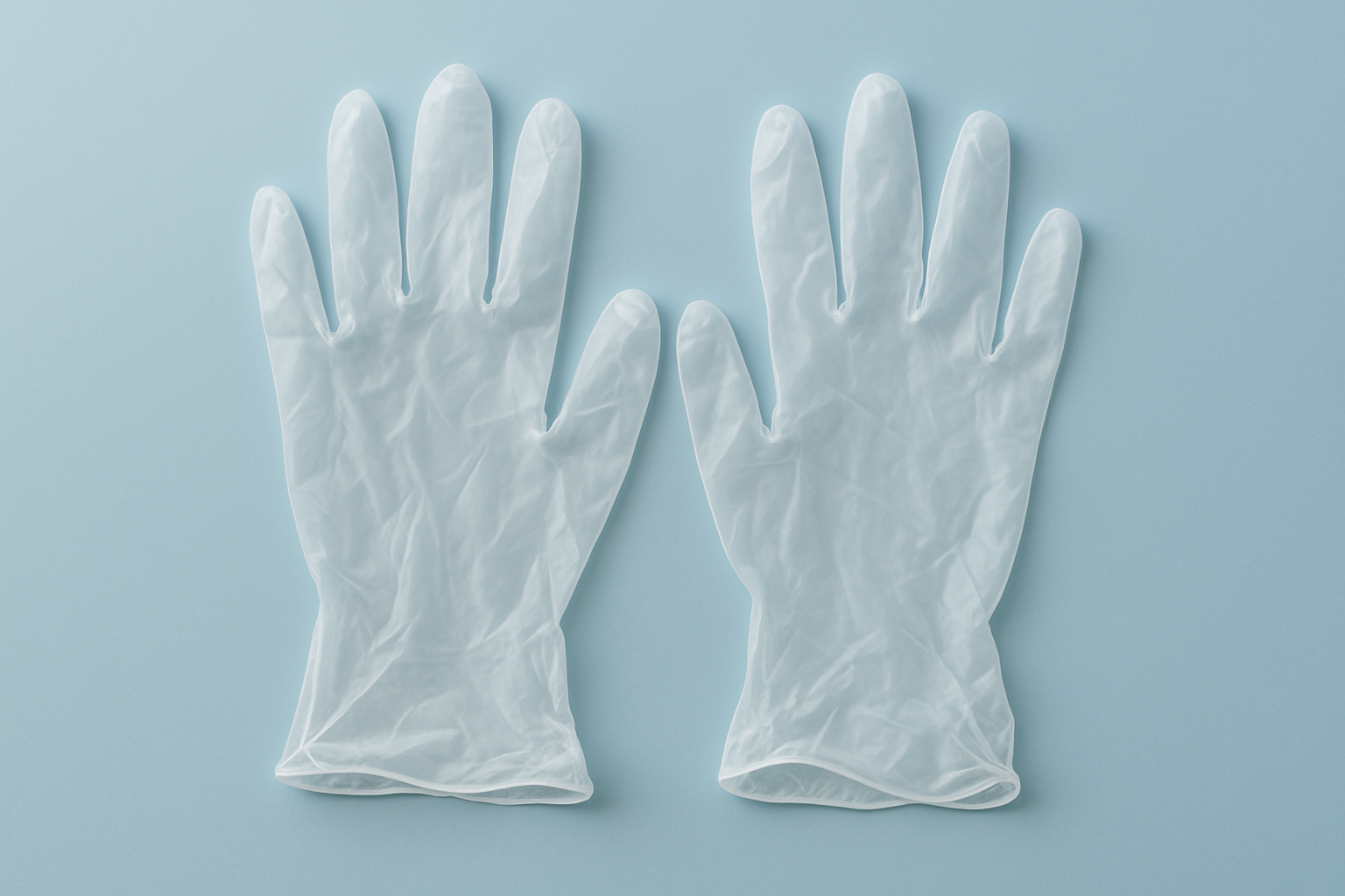 create a pair of clear vinyl disposable gloves laying on a light sky blue background