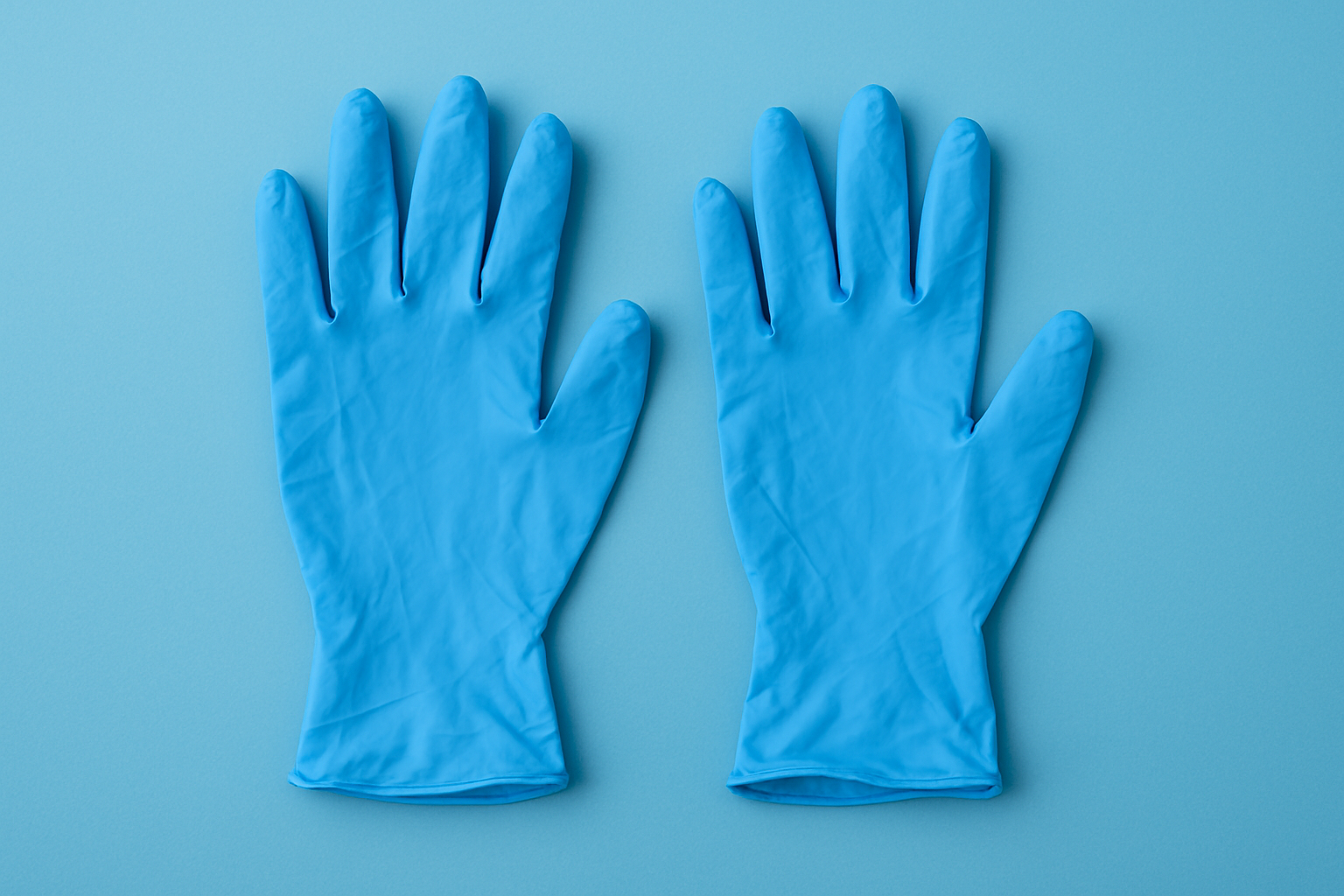 Create image of a pair of disposable nitrile gloves on a sky blue background