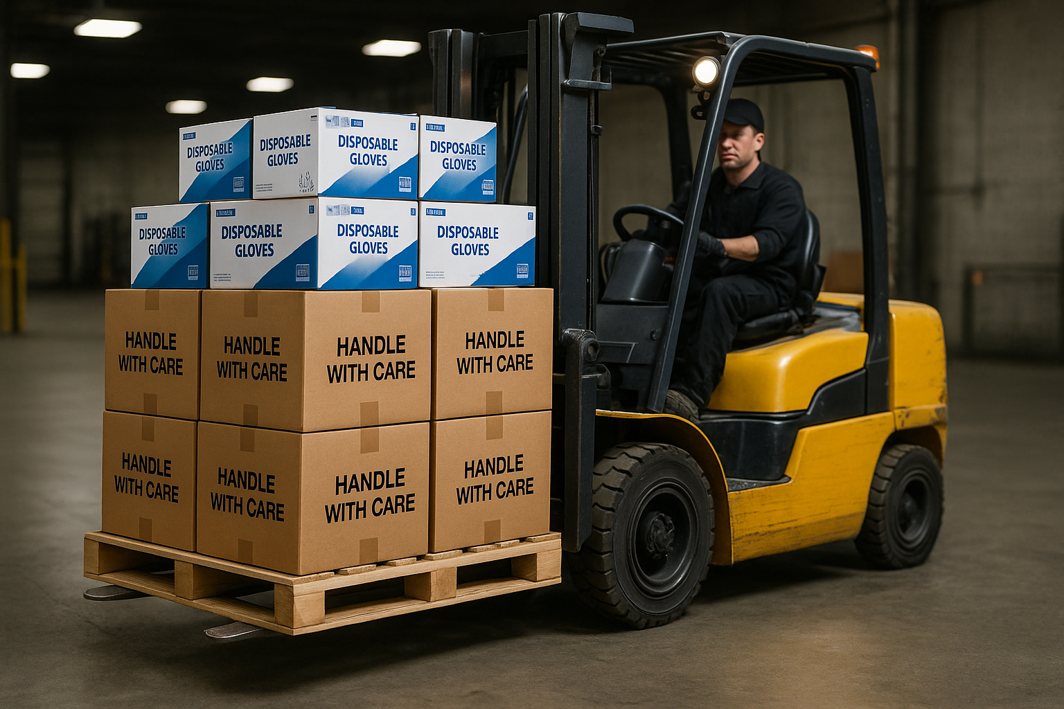 Forklift carrying a pallet of disposable gloves in cases