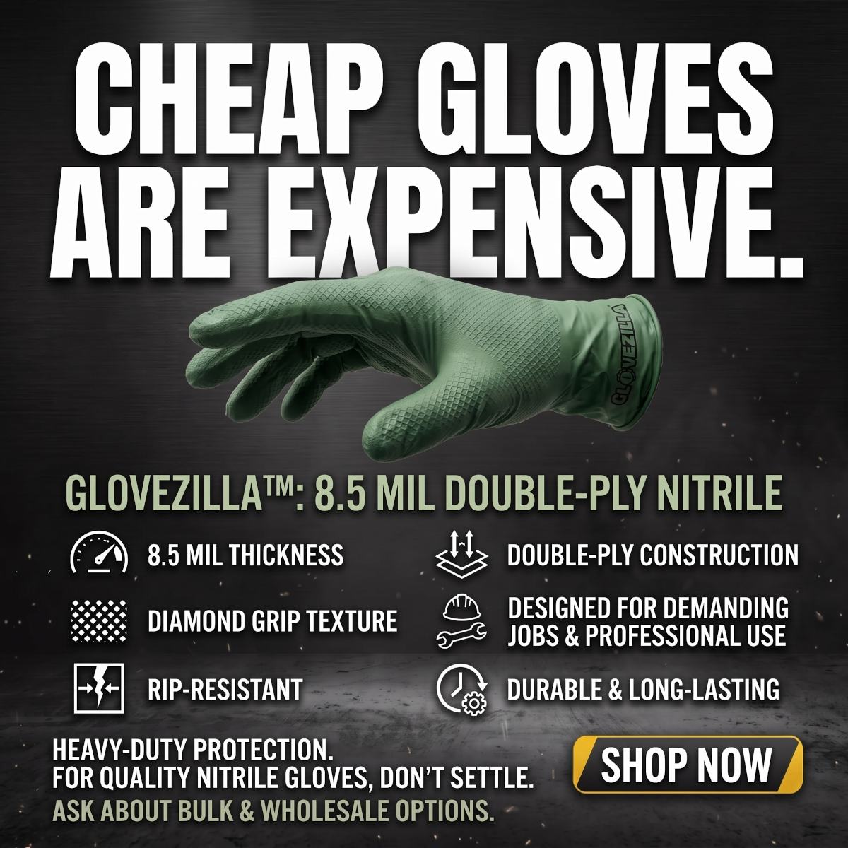 Glovezilla 8.5 Mil Dual-Layer Heavy-Duty Nitrile Gloves w/ Raised Diamond Texture
