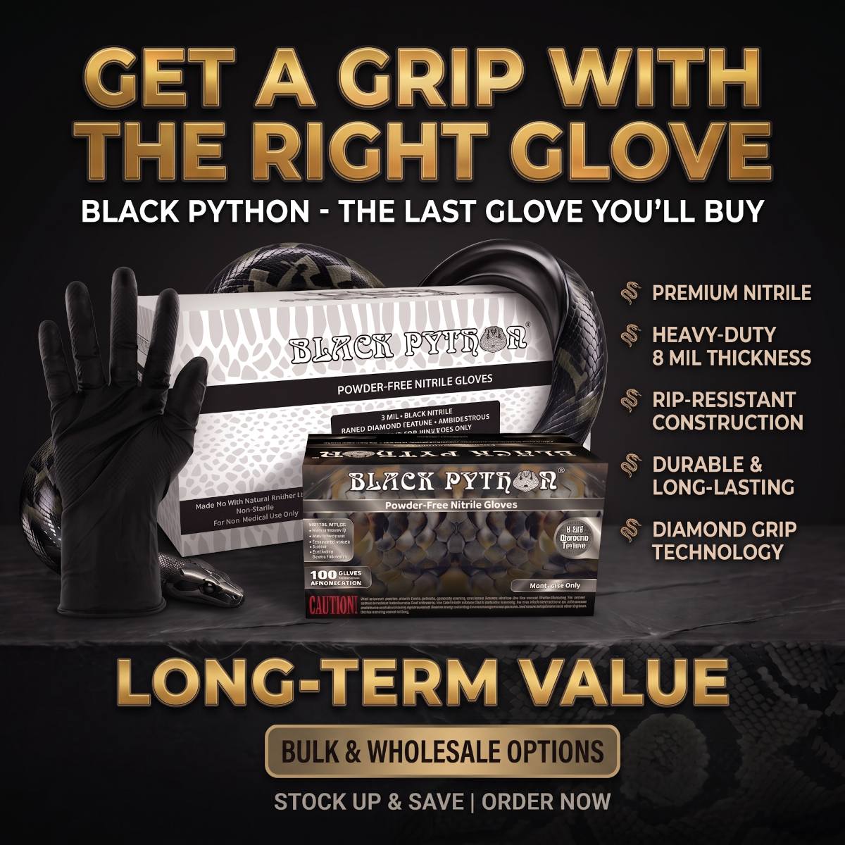 Black Python 8 Mil Heavy-Duty Powder Free Industrial Grade Nitrile Gloves w/Diamond Texture