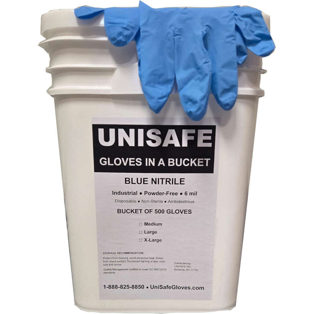 UNISAFE 6 Mil Blue Industrial Nitrile Gloves in a Bucket - UNISAFE GLOVES