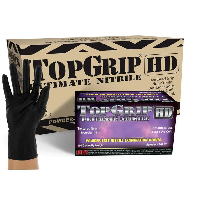 TGPF7S-CS, TGPF7M-CS, TGPF7L-CS, TGPF7XL-CS, TGPF7XXL-CS, TopGrip HD 7 Mil Powder Free Black Nitrile Exam Gloves, Case - UNISAFE GLOVES