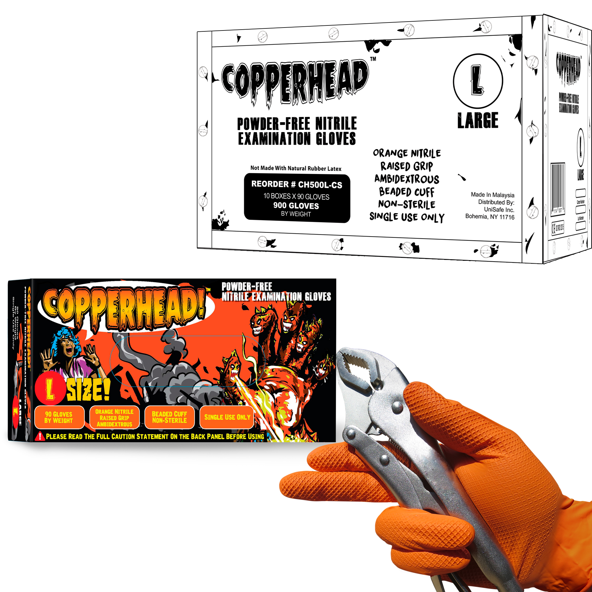 1000 8 Mil Copperhead Nitrile Gloves, Orange Diamond Texture Grip, Heavy Duty, Disposable, Industrial, Mechanic, Medium, Large, X-Large XXL, Bulk Case