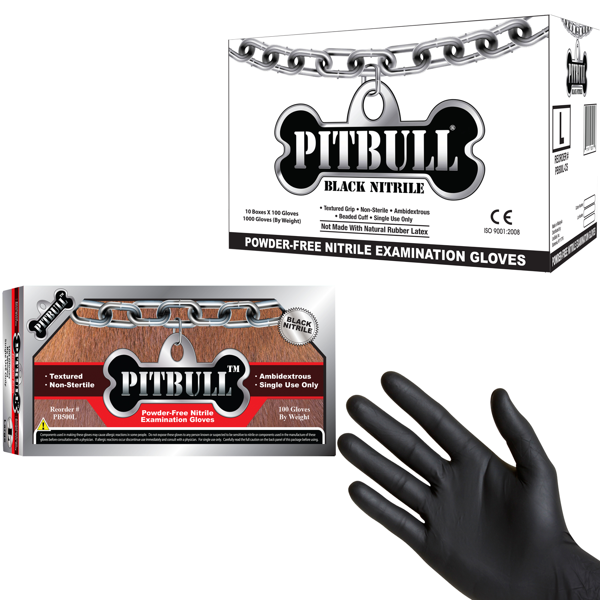 1000 Pitbull 6 Mil Black Nitrile Exam Gloves, Powder Free, Textured, Medical Grade, Small, Medium, L
