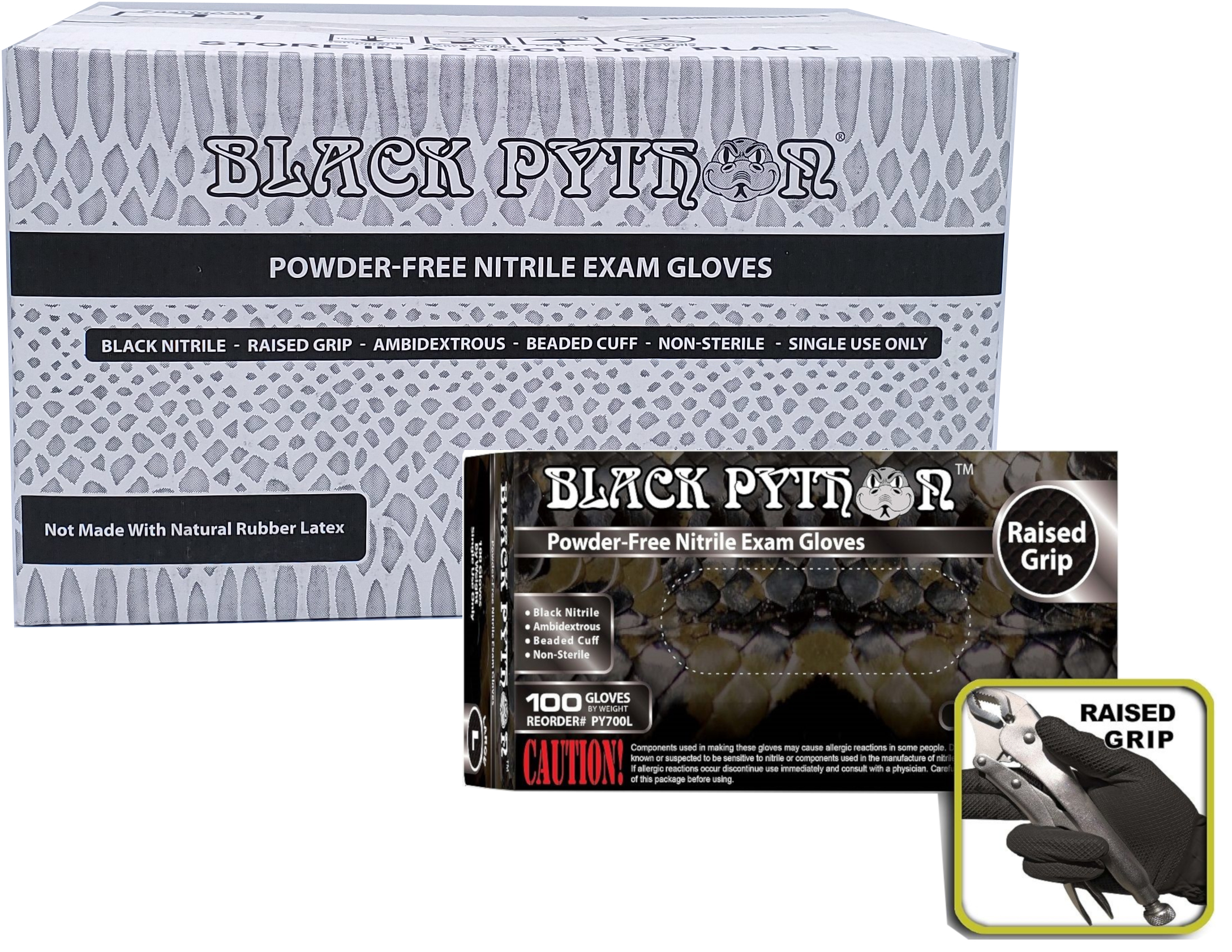 1000 8 Mil Black Python Nitrile Gloves, Heavy-Duty Diamond Texture Grip, Disposable, Industrial, Mec