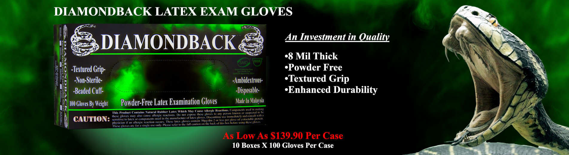 8 mil DIAMOND BACK Latex Exam Gloves Textured Grip Box of 100 Size LARGE 