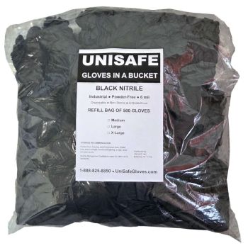 UNISAFE 6 Mil Black Nitrile Gloves in a Bucket - Refill Bag