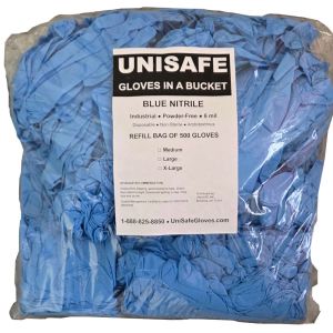 UNISAFE 6 Mil Blue Nitrile Gloves in a Bucket - Refill Bag