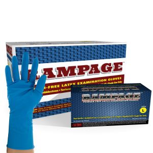 Rampage 15 Mil Powder Free High-Risk Latex Exam Gloves with Extended Cuff, Case of 500 with Box of 50 and Glove
