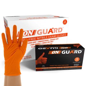 On Guard Powder Free Orange Nitrile Exam Gloves, Case, Size Small