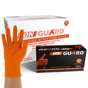 On Guard Powder Free Orange Nitrile Exam Gloves, Case, Size Medium