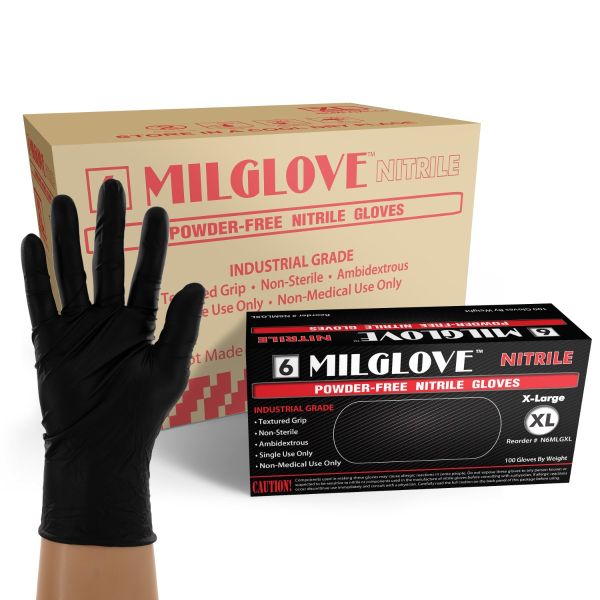 6 MilGlove Industrial Grade Powder Free Black Nitrile Gloves Case Size X Large