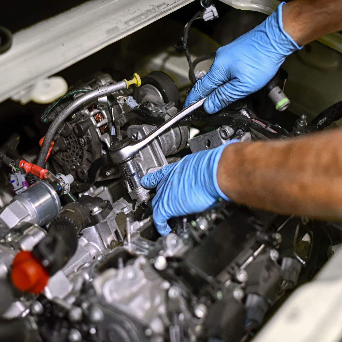 Disposable Mechanics Gloves in Engine Bay 