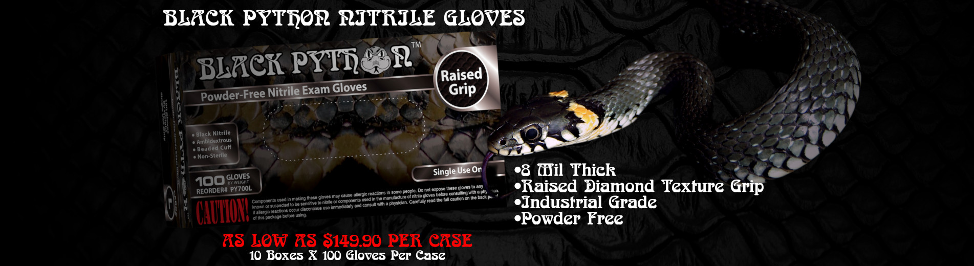 Black Python 8 Mil Nitrile Disposable Gloves with Raised Diamond Grip